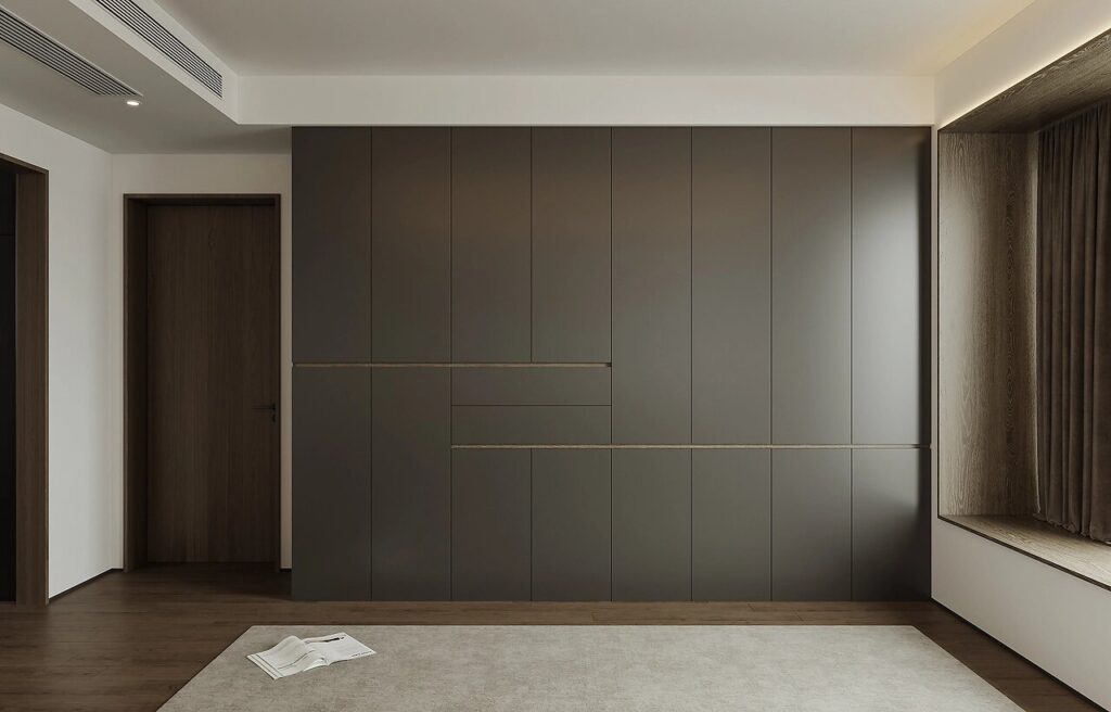 Metal PET carbon crystal wall panel, dark gray interior decorative wall board with metal line for bedroom wardrobe background wall