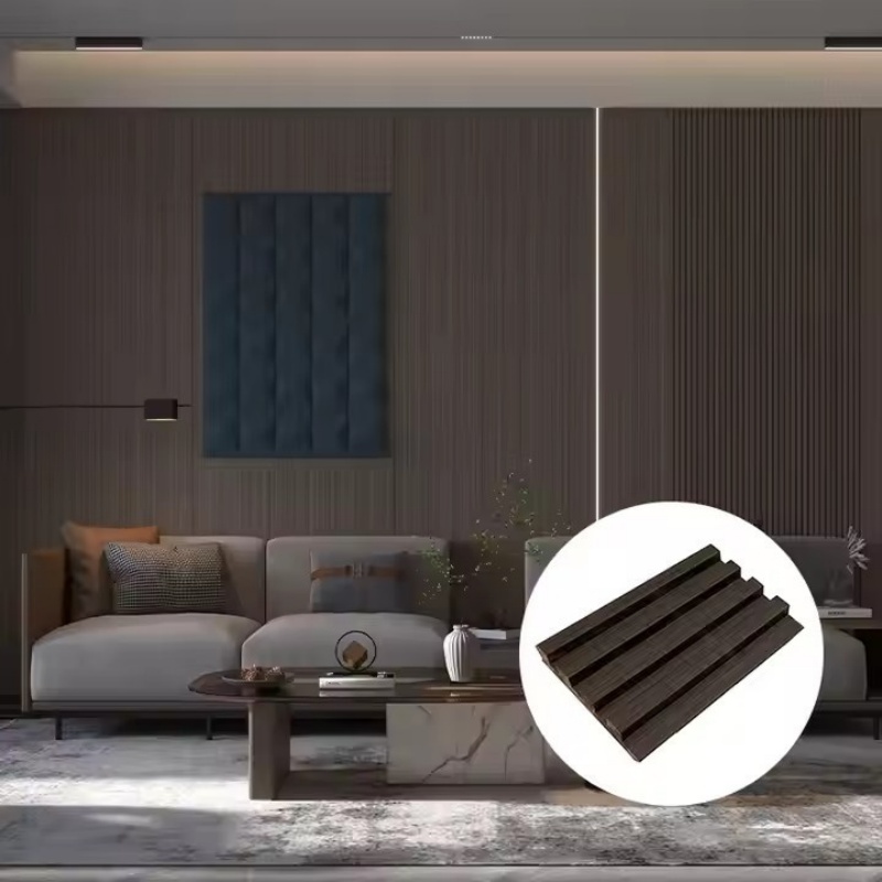 Dark Slat WPC Wall Panel Living Room Interior Rendering Dark slat WPC wall panel interior living room decoration, wood plastic composite wall cladding for TV background wall